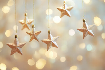 Poster - Golden christmas stars hanging on a shiny light background