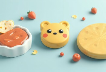 Cute cartoon bear face with a bowl of orange sauce and two round biscuits on a blue background.