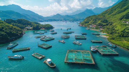 Aerial view of fishing boats and fish farms in a scenic bay.