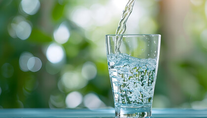 Wall Mural - Pouring pure water into glass on light blue wooden table against blurred background