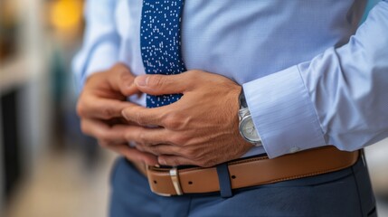 A close-up of a man adjusting his tie and watch, dressed in business attire.