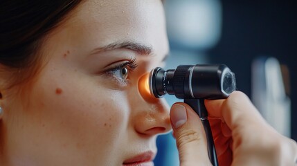 A close-up of an eye examination using an ophthalmoscope, highlighting medical diagnostics.