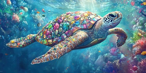 A creative illustration of a sea turtle adorned with a vibrant mosaic shell, swimming through a colorful underwater environment filled with coral and marine life