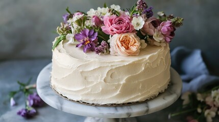 A beautifully frosted cake with a delicate floral design and edible flowers, arranged on a marble cake stand.