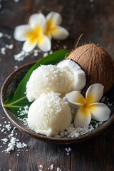 Coconut rice ball with coconut flakes closeup view