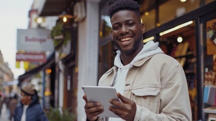 Smiling Man Using a Tablet in the City