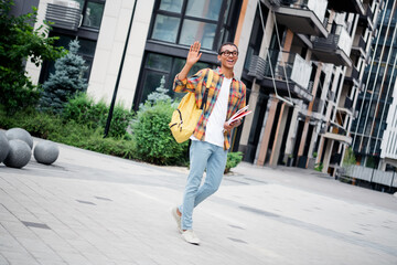 Canvas Print - Full length portrait of nice young man walk wave hi wear plaid shirt buildings downtown street outdoors