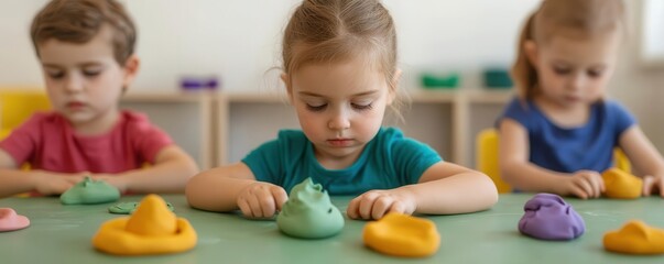 Wall Mural - children or girl playing with modeling clay at a daycare table, creating different shapes and figure