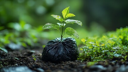 Plastic Bag Decomposition: A macro shot showing the degradation process of a black plastic bag, with plants beginning to grow around it, representing the long-term environmental consequences. 