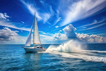 A white sailing boat peacefully gliding through the bright blue sea and sky as water sprays up creating a refreshing moment, sky, bright blue, gliding, sailing boat, refreshing