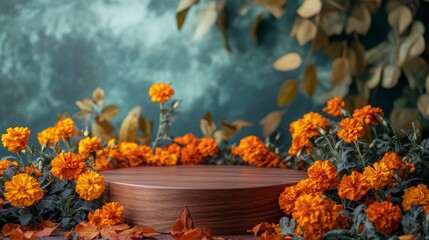 Poster - A wooden display pedestal stands at the center, elegantly surrounded by bright orange marigold flowers, creating a warm and inviting atmosphere enriched by lush greenery in the background.
