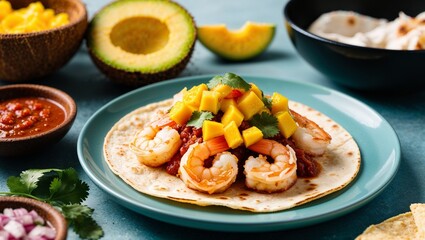 Coconut shrimp tacos with mango salsa closeup