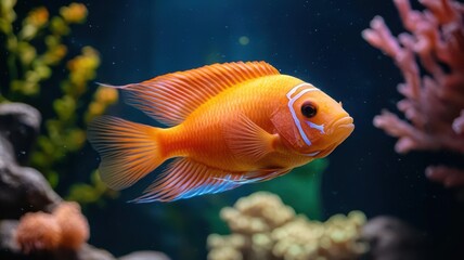 Fish swimming in a vibrant aquarium, with colorful corals and decorations inside a living room   fish tank, aquatic pets at home