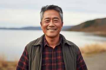 Poster - Portrait of a grinning asian man in his 50s wearing a comfy flannel shirt isolated in serene dune landscape background