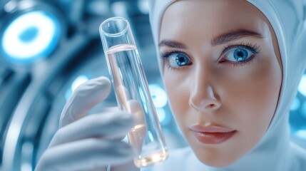 Wall Mural - A woman in white lab coat holding a test tube, AI