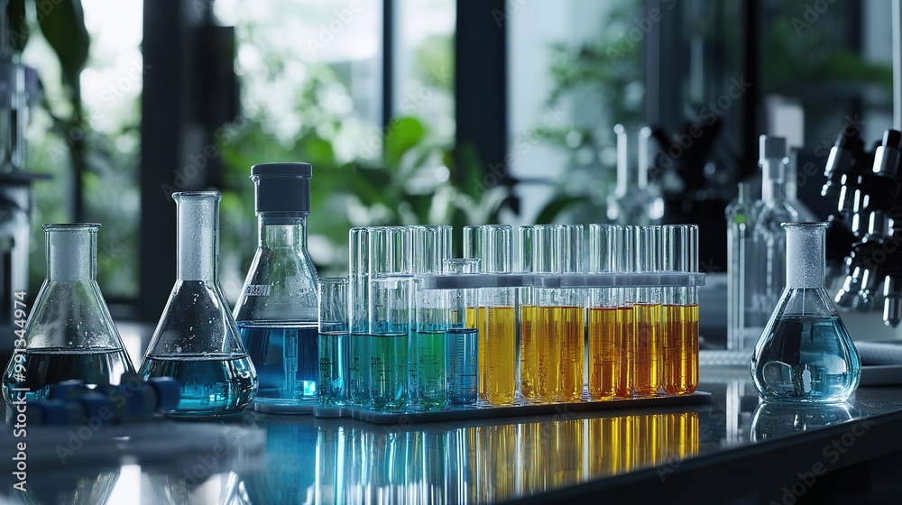 Lab bench equipped with various test tubes, chemical solutions, and ...