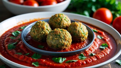 Plant based meatballs with marinara sauce closeup