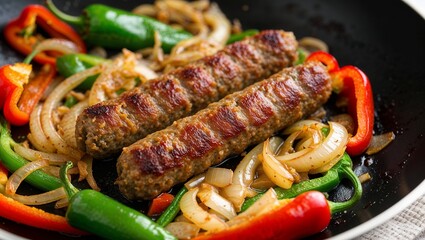 Canvas Print - Plant based sausage with sautéed onions and peppers closeup