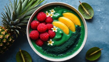 Wall Mural - Spirulina smoothie bowl with tropical fruits closeup