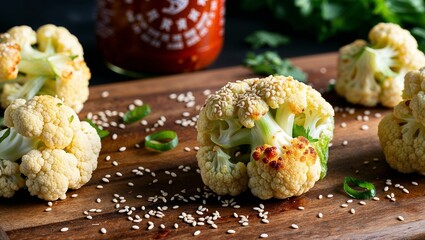 Canvas Print - Sriracha cauliflower bites with sesame seeds closeup