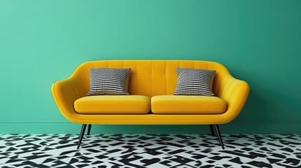 A yellow sofa is placed on a black and white patterned carpet with two pillows on a soft green background Generative Ai