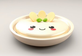 Cute yellow and green smiley face in a white bowl.