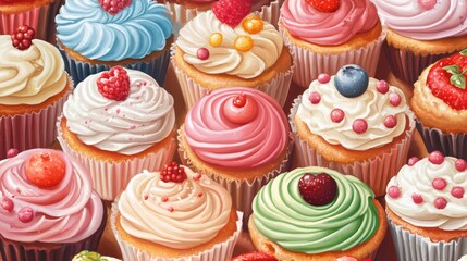 Illustration of an assortment of decorative cupcakes