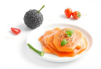 Wall Mural - Orange jelly dessert with sesame seeds, mint, and a green stem on a white plate, isolated on a white background.