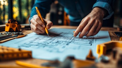 Poster - engineer collaborate over blueprints on a table highlighting their focused expressions and the intricate details of the plans
