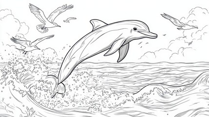 Dolphin Leaping Through Ocean Waves with Seagulls