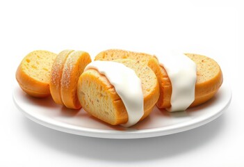 Wall Mural - Slices of yellow cheese with cream on a white plate, isolated.