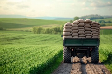 Truck Loaded with Sacks Driving Through Green Farmland