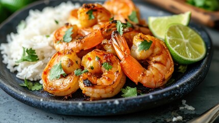 A delectable grilled shrimp dish with a spicy chili glaze, served with a side of jasmine rice and a few lime wedges.