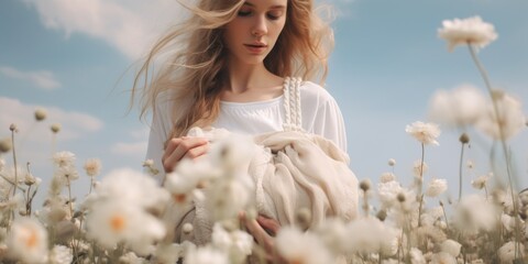 A young woman posing in a field full of flowers, enjoying the tranquility of nature.