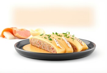 Wall Mural - Three slices of savory, cheesy, rolled pastry topped with green onions and white sauce on a black plate.