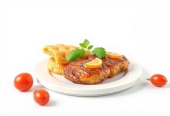 Wall Mural - Two grilled chicken patties with lemon slices and parsley on a white plate, two tomatoes on white background.