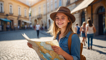 A young woman in a wide-brimmed hat joyfully holds a map in a sunny European square.