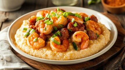 A delicious shrimp and grits dish with spicy sausage, garnished with scallions and served on a rustic wooden table.