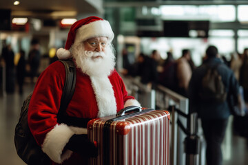 Santa claus is holding a suitcase and a backpack at the airport, symbolizing Christmas travel opportunities 