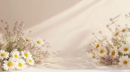 Poster - A beautiful arrangement of daisies and small delicate flowers creates a serene atmosphere in a minimalist space. The soft lighting enhances the gentle colors, inviting calmness and peace.
