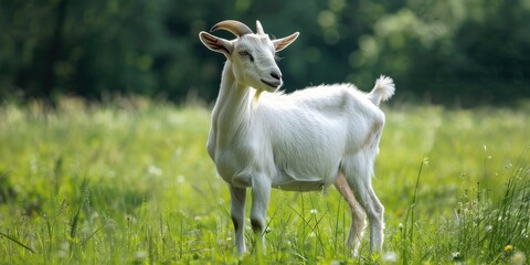 A white goat standing in an open grassy field, with a clear blue sky and lush greenery surrounding it.