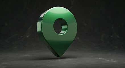  - Location pin on a dark background with a glossy green finish symbolizing navigation and mapping