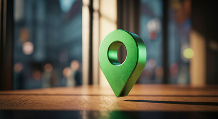 Poster - Location marker on table with vibrant map symbol in urban setting emphasizing navigation and travel concepts