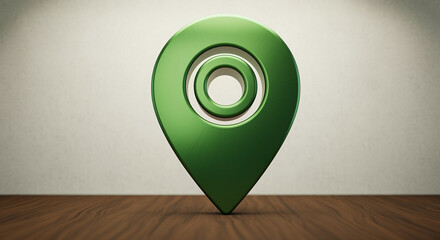 Poster - Location pin map marker 3D rendering with green color design on wooden table