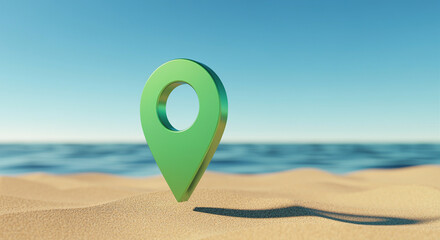 Poster - Location pin marker standing on sand beach with ocean view
