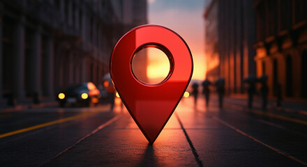 Poster - Location pin with sunset backdrop showcasing travel concepts for navigation and exploration