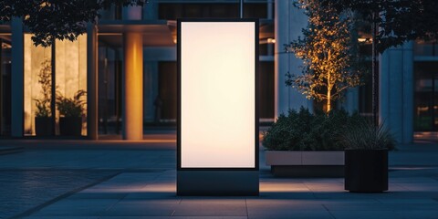 A large white billboard sits in front of a building. The billboard is empty and the night sky is lit up with street lights