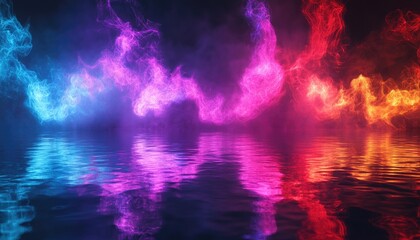 Poster - Vibrant neon light effects and energy waves set against a dark abstract backdrop Colorful laser display with light reflections on water accompanied by smoke and fog 3D illustration