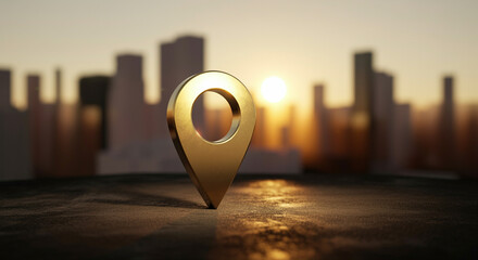  - Location pin on city skyline at sunset showcasing urban navigation and travel