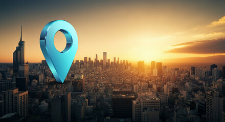 Poster - Location pin on a city skyline at sunset representing technology and navigation in urban landscapes